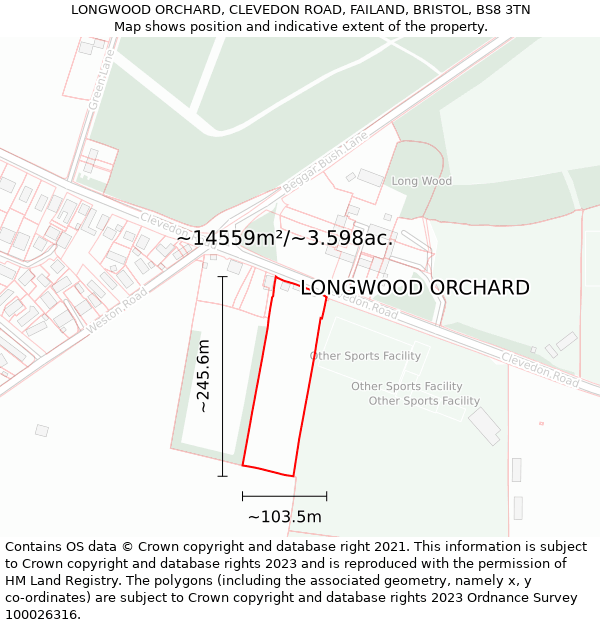LONGWOOD ORCHARD, CLEVEDON ROAD, FAILAND, BRISTOL, BS8 3TN: Plot and title map