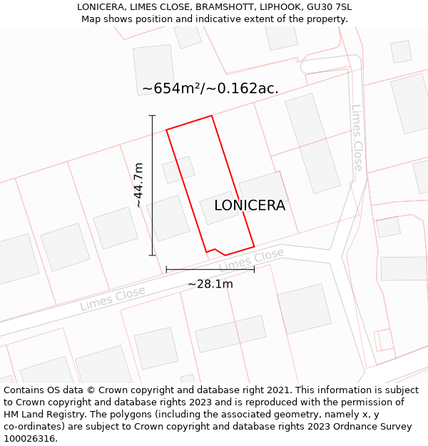 LONICERA, LIMES CLOSE, BRAMSHOTT, LIPHOOK, GU30 7SL: Plot and title map