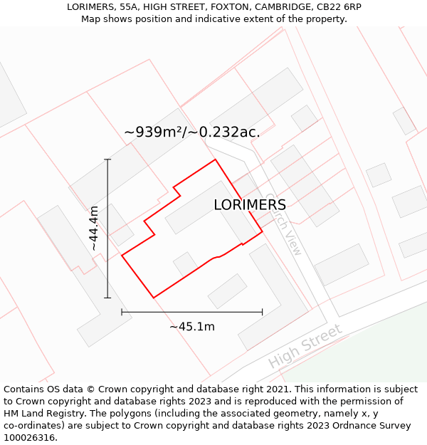 LORIMERS, 55A, HIGH STREET, FOXTON, CAMBRIDGE, CB22 6RP: Plot and title map