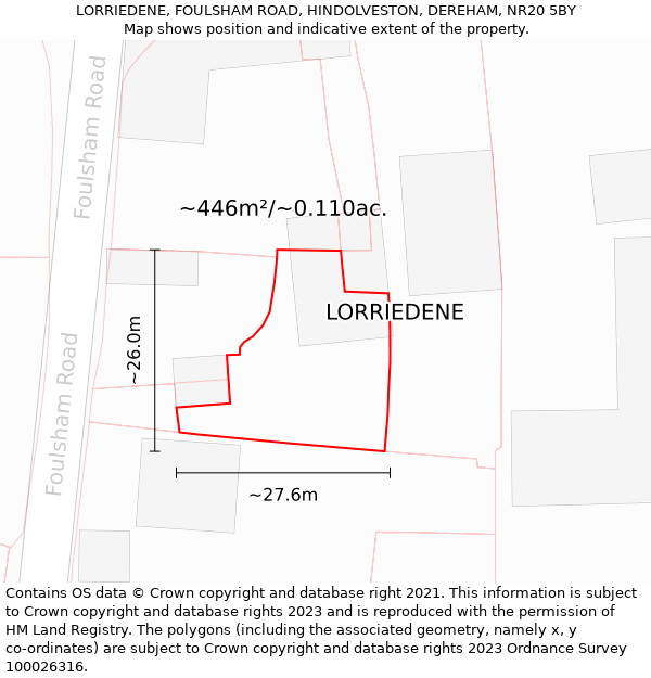 LORRIEDENE, FOULSHAM ROAD, HINDOLVESTON, DEREHAM, NR20 5BY: Plot and title map