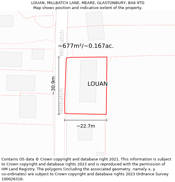 LOUAN, MILLBATCH LANE, MEARE, GLASTONBURY, BA6 9TD: Plot and title map