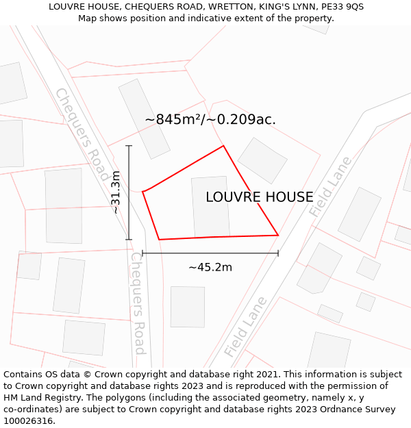 LOUVRE HOUSE, CHEQUERS ROAD, WRETTON, KING'S LYNN, PE33 9QS: Plot and title map