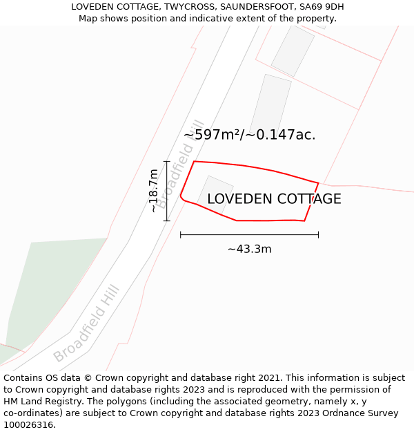 LOVEDEN COTTAGE, TWYCROSS, SAUNDERSFOOT, SA69 9DH: Plot and title map