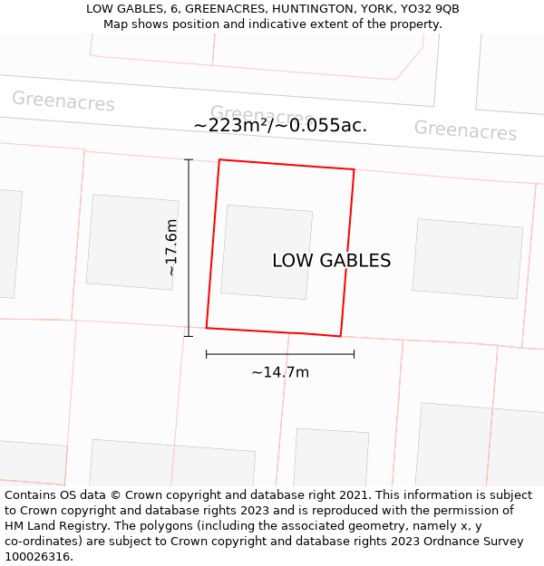 LOW GABLES, 6, GREENACRES, HUNTINGTON, YORK, YO32 9QB: Plot and title map