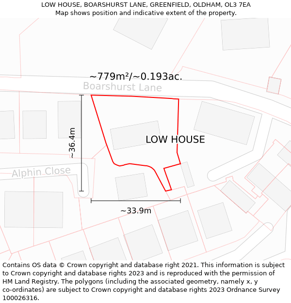 LOW HOUSE, BOARSHURST LANE, GREENFIELD, OLDHAM, OL3 7EA: Plot and title map