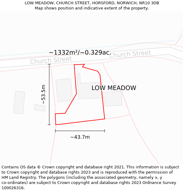 LOW MEADOW, CHURCH STREET, HORSFORD, NORWICH, NR10 3DB: Plot and title map