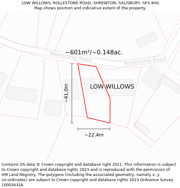 LOW WILLOWS, ROLLESTONE ROAD, SHREWTON, SALISBURY, SP3 4HG: Plot and title map