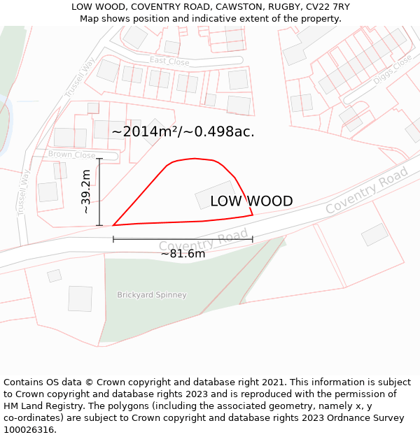 LOW WOOD, COVENTRY ROAD, CAWSTON, RUGBY, CV22 7RY: Plot and title map