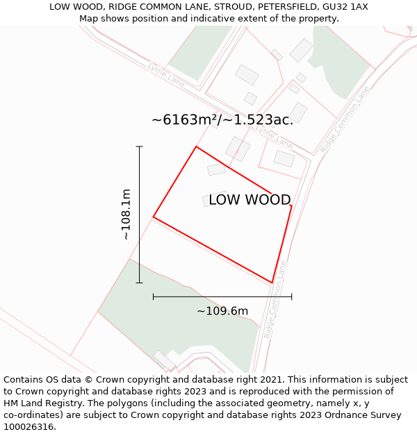 LOW WOOD, RIDGE COMMON LANE, STROUD, PETERSFIELD, GU32 1AX: Plot and title map