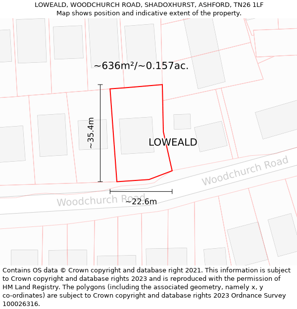 LOWEALD, WOODCHURCH ROAD, SHADOXHURST, ASHFORD, TN26 1LF: Plot and title map