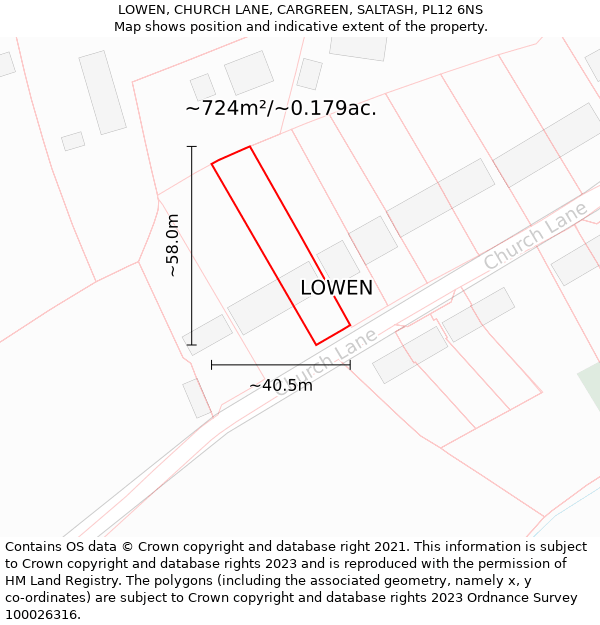 LOWEN, CHURCH LANE, CARGREEN, SALTASH, PL12 6NS: Plot and title map