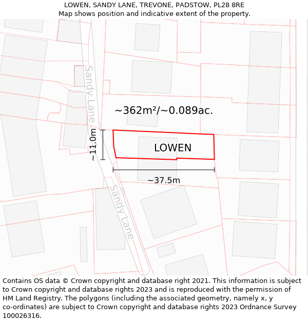 LOWEN, SANDY LANE, TREVONE, PADSTOW, PL28 8RE: Plot and title map