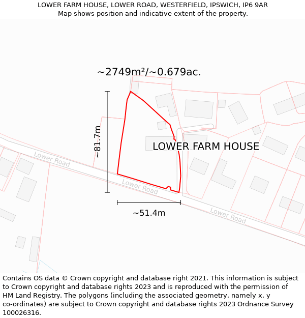 LOWER FARM HOUSE, LOWER ROAD, WESTERFIELD, IPSWICH, IP6 9AR: Plot and title map