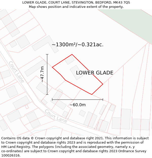 LOWER GLADE, COURT LANE, STEVINGTON, BEDFORD, MK43 7QS: Plot and title map