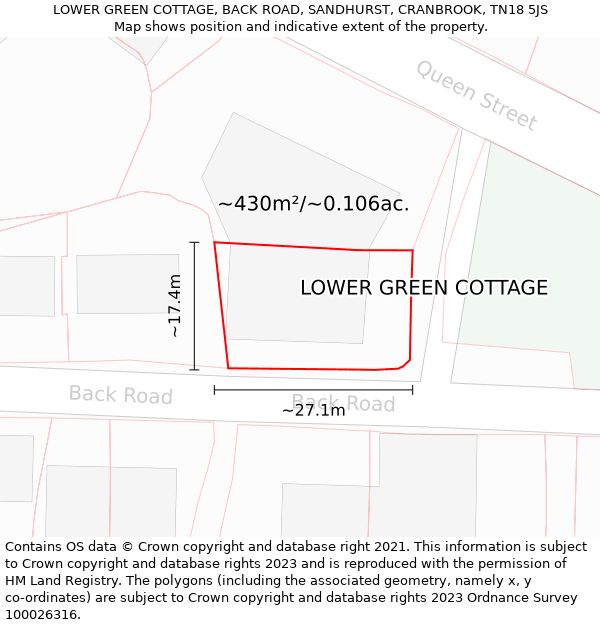 LOWER GREEN COTTAGE, BACK ROAD, SANDHURST, CRANBROOK, TN18 5JS: Plot and title map