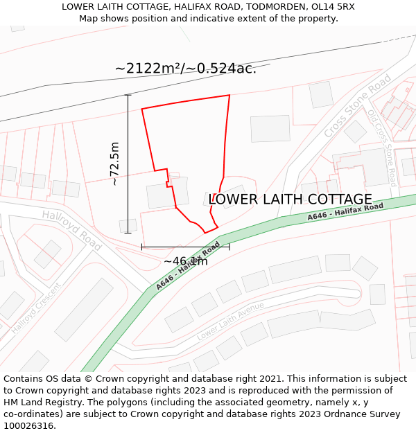 LOWER LAITH COTTAGE, HALIFAX ROAD, TODMORDEN, OL14 5RX: Plot and title map