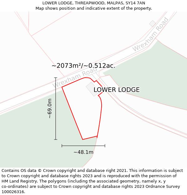 LOWER LODGE, THREAPWOOD, MALPAS, SY14 7AN: Plot and title map