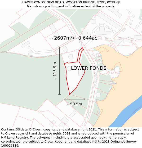 LOWER PONDS, NEW ROAD, WOOTTON BRIDGE, RYDE, PO33 4JL: Plot and title map