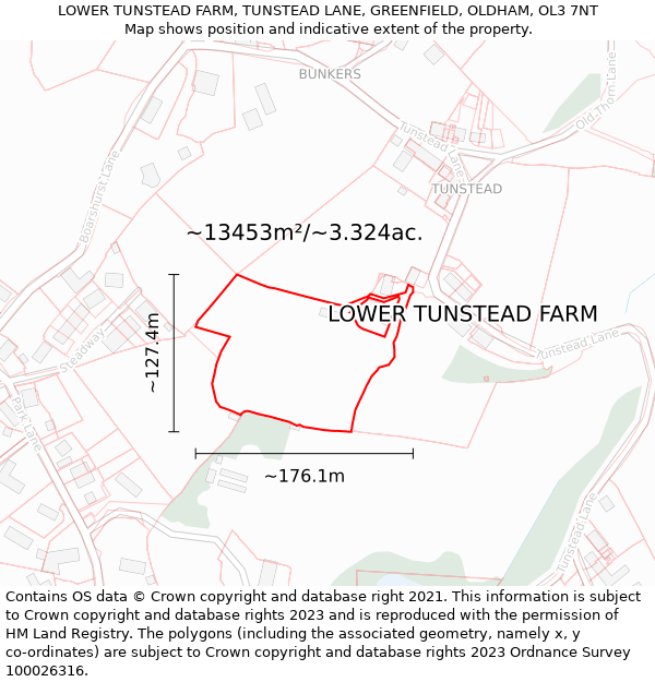 LOWER TUNSTEAD FARM, TUNSTEAD LANE, GREENFIELD, OLDHAM, OL3 7NT: Plot and title map