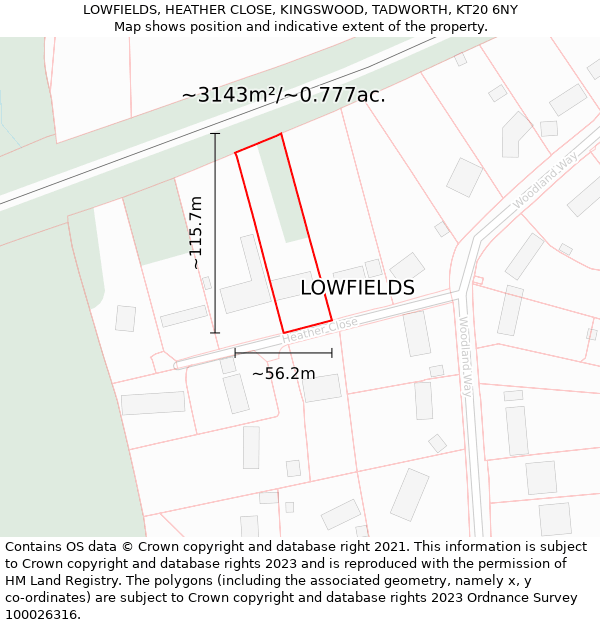 LOWFIELDS, HEATHER CLOSE, KINGSWOOD, TADWORTH, KT20 6NY: Plot and title map