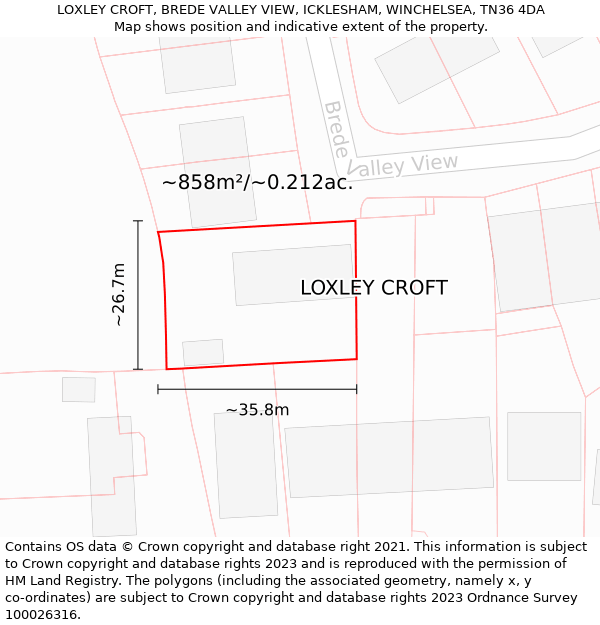 LOXLEY CROFT, BREDE VALLEY VIEW, ICKLESHAM, WINCHELSEA, TN36 4DA: Plot and title map