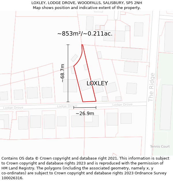 LOXLEY, LODGE DROVE, WOODFALLS, SALISBURY, SP5 2NH: Plot and title map