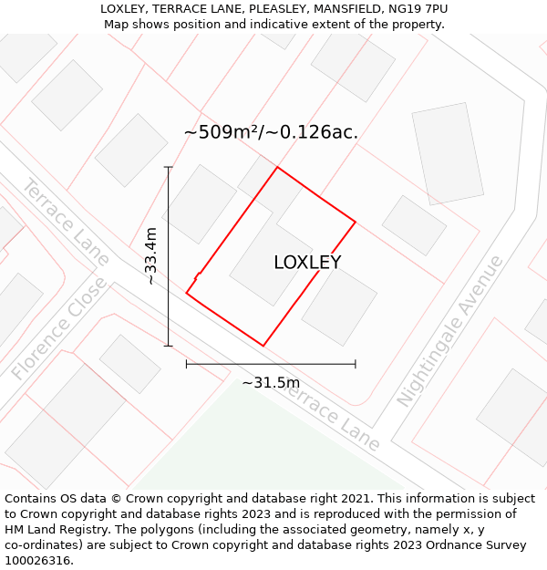 LOXLEY, TERRACE LANE, PLEASLEY, MANSFIELD, NG19 7PU: Plot and title map