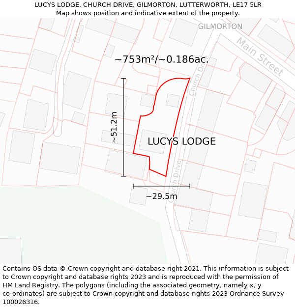 LUCYS LODGE, CHURCH DRIVE, GILMORTON, LUTTERWORTH, LE17 5LR: Plot and title map