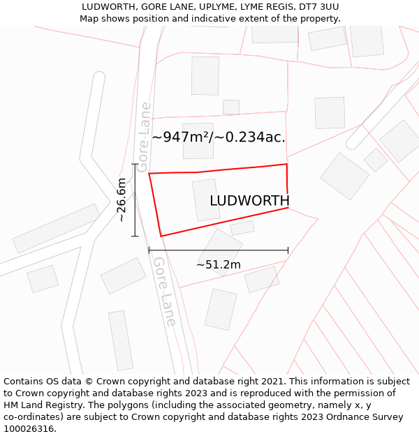 LUDWORTH, GORE LANE, UPLYME, LYME REGIS, DT7 3UU: Plot and title map