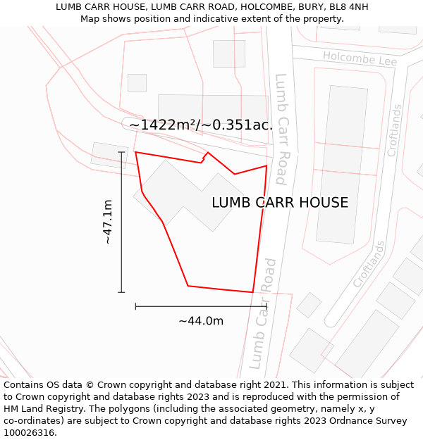 LUMB CARR HOUSE, LUMB CARR ROAD, HOLCOMBE, BURY, BL8 4NH: Plot and title map