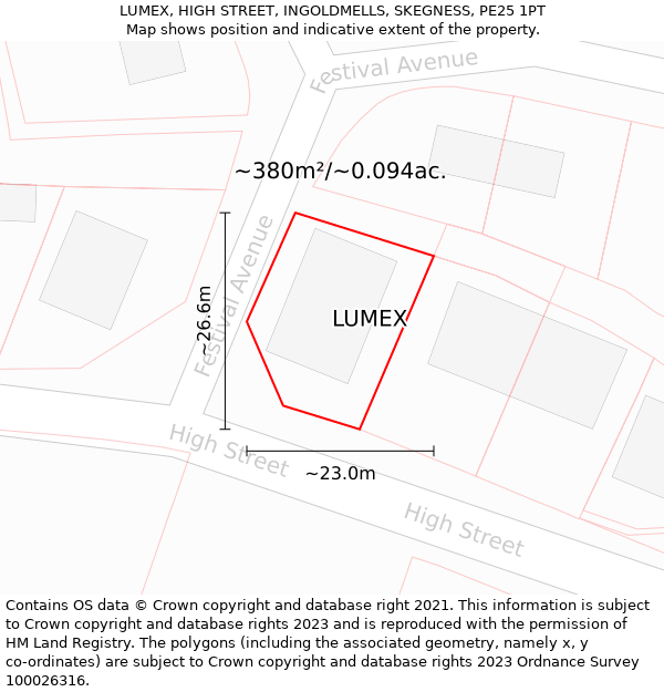 LUMEX, HIGH STREET, INGOLDMELLS, SKEGNESS, PE25 1PT: Plot and title map