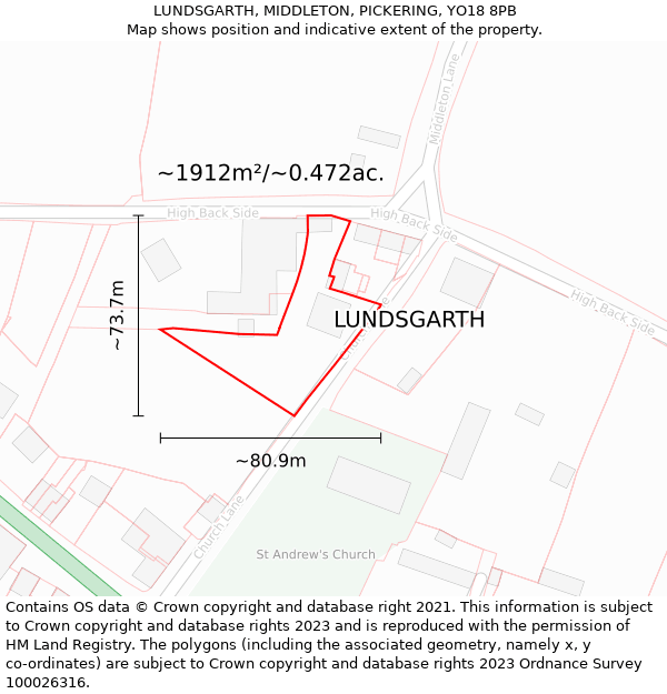 LUNDSGARTH, MIDDLETON, PICKERING, YO18 8PB: Plot and title map