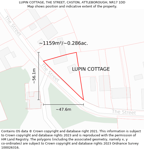 LUPIN COTTAGE, THE STREET, CASTON, ATTLEBOROUGH, NR17 1DD: Plot and title map