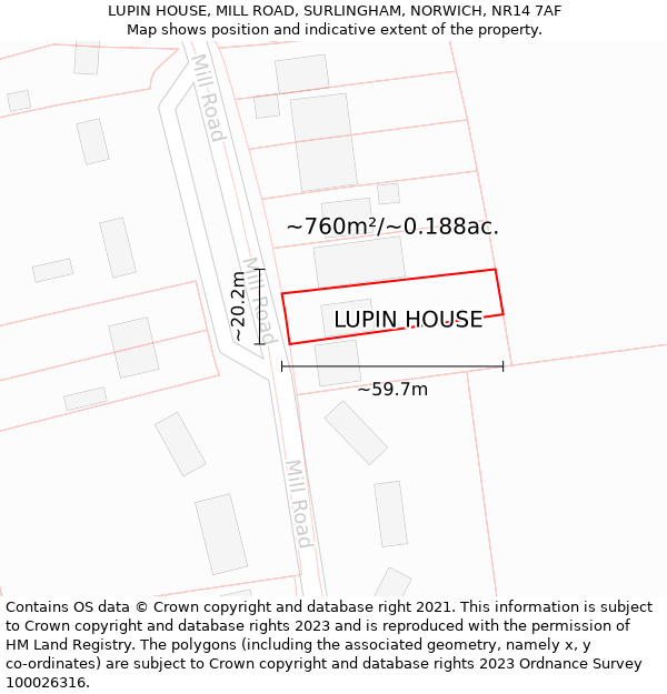 LUPIN HOUSE, MILL ROAD, SURLINGHAM, NORWICH, NR14 7AF: Plot and title map