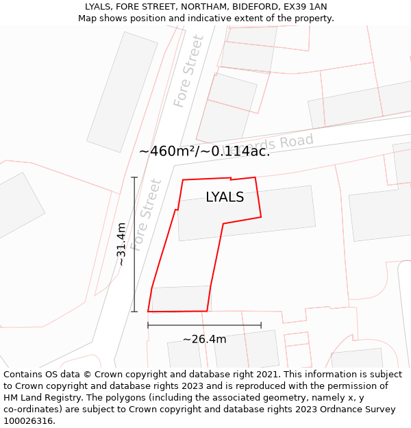 LYALS, FORE STREET, NORTHAM, BIDEFORD, EX39 1AN: Plot and title map