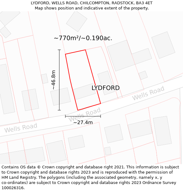 LYDFORD, WELLS ROAD, CHILCOMPTON, RADSTOCK, BA3 4ET: Plot and title map