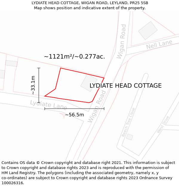 LYDIATE HEAD COTTAGE, WIGAN ROAD, LEYLAND, PR25 5SB: Plot and title map