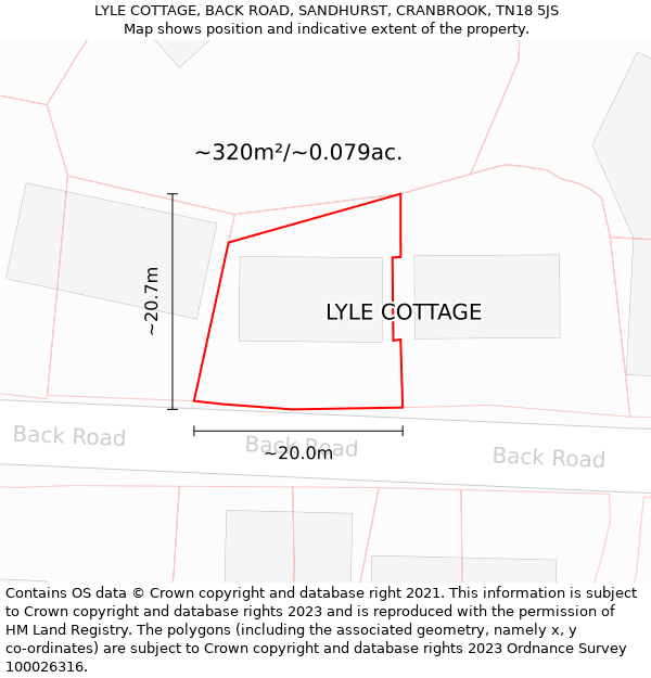 LYLE COTTAGE, BACK ROAD, SANDHURST, CRANBROOK, TN18 5JS: Plot and title map