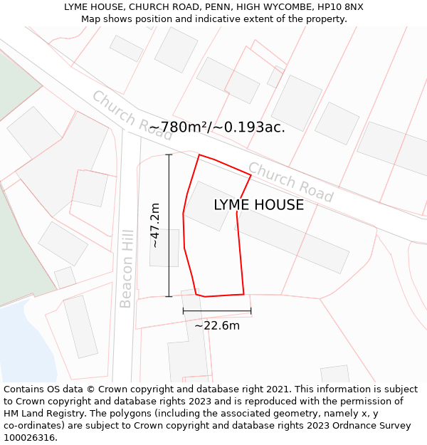 LYME HOUSE, CHURCH ROAD, PENN, HIGH WYCOMBE, HP10 8NX: Plot and title map