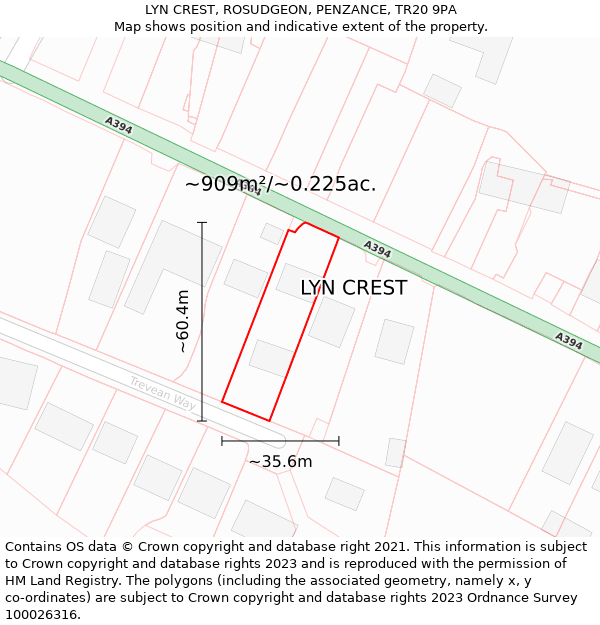 LYN CREST, ROSUDGEON, PENZANCE, TR20 9PA: Plot and title map