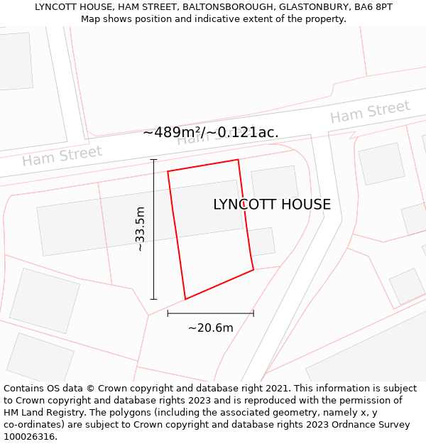 LYNCOTT HOUSE, HAM STREET, BALTONSBOROUGH, GLASTONBURY, BA6 8PT: Plot and title map