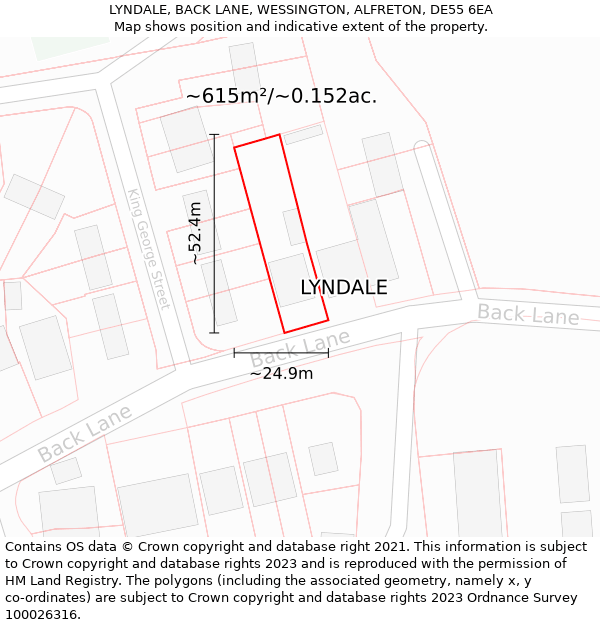 LYNDALE, BACK LANE, WESSINGTON, ALFRETON, DE55 6EA: Plot and title map