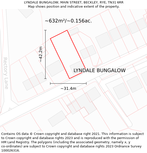 LYNDALE BUNGALOW, MAIN STREET, BECKLEY, RYE, TN31 6RR: Plot and title map