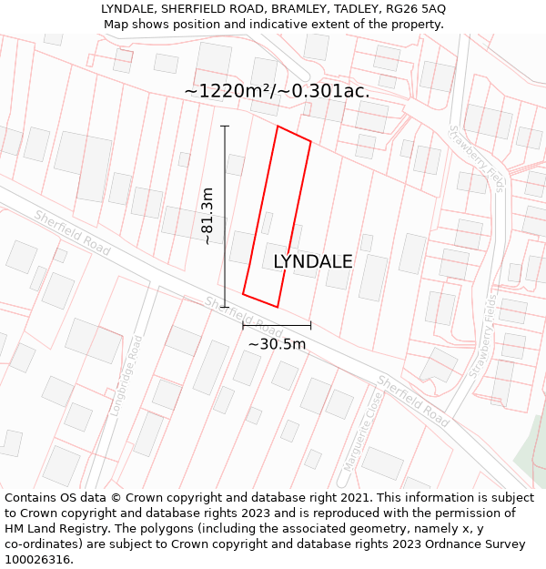 LYNDALE, SHERFIELD ROAD, BRAMLEY, TADLEY, RG26 5AQ: Plot and title map