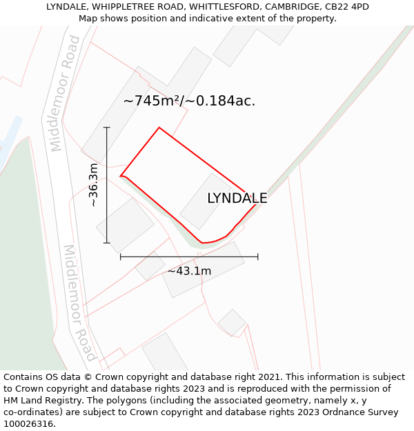 LYNDALE, WHIPPLETREE ROAD, WHITTLESFORD, CAMBRIDGE, CB22 4PD: Plot and title map
