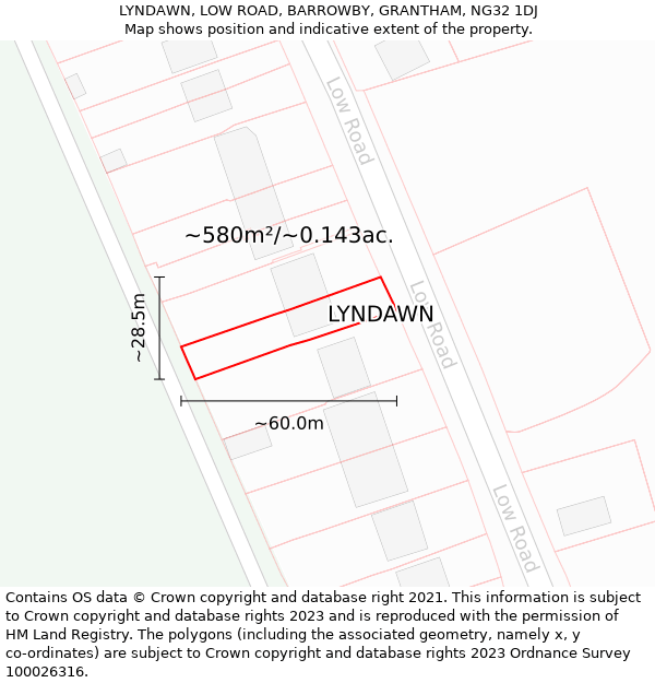 LYNDAWN, LOW ROAD, BARROWBY, GRANTHAM, NG32 1DJ: Plot and title map