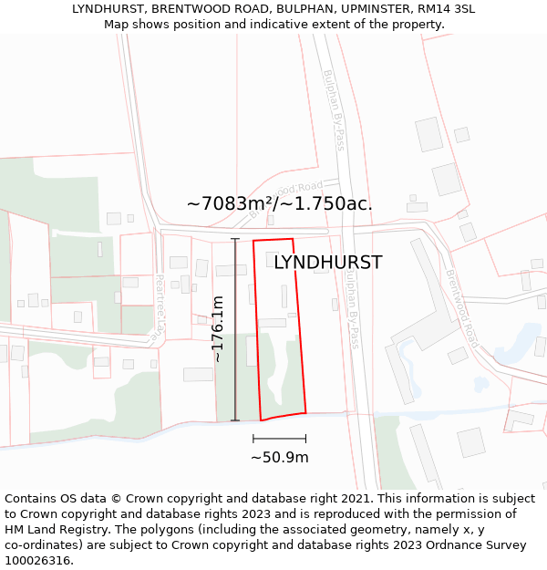 LYNDHURST, BRENTWOOD ROAD, BULPHAN, UPMINSTER, RM14 3SL: Plot and title map