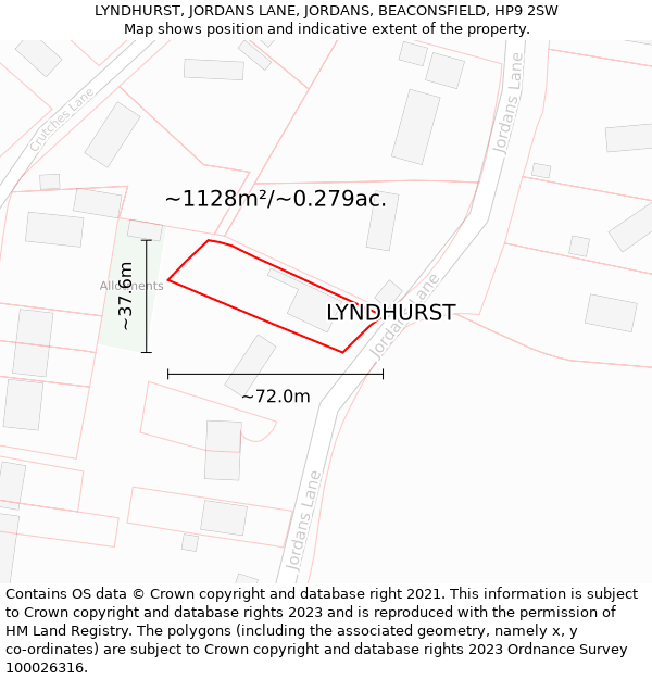 LYNDHURST, JORDANS LANE, JORDANS, BEACONSFIELD, HP9 2SW: Plot and title map