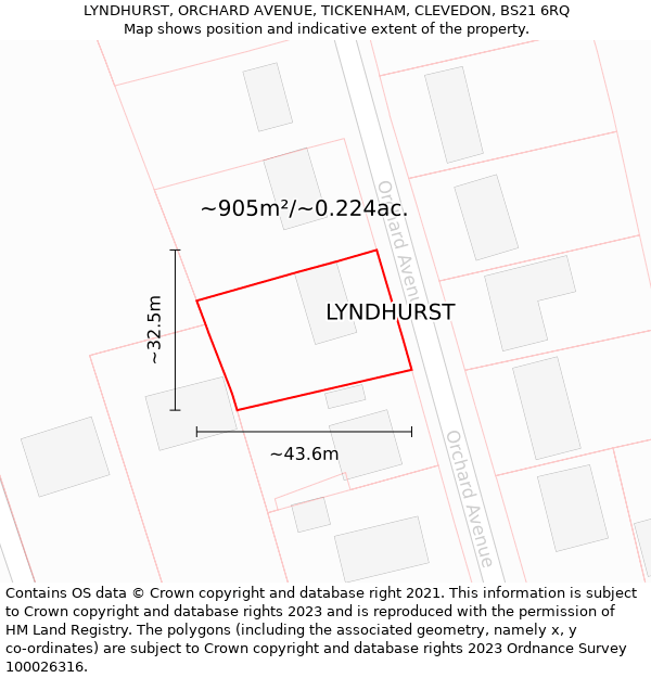 LYNDHURST, ORCHARD AVENUE, TICKENHAM, CLEVEDON, BS21 6RQ: Plot and title map