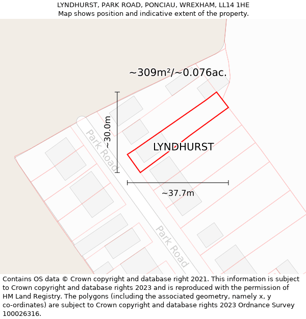 LYNDHURST, PARK ROAD, PONCIAU, WREXHAM, LL14 1HE: Plot and title map